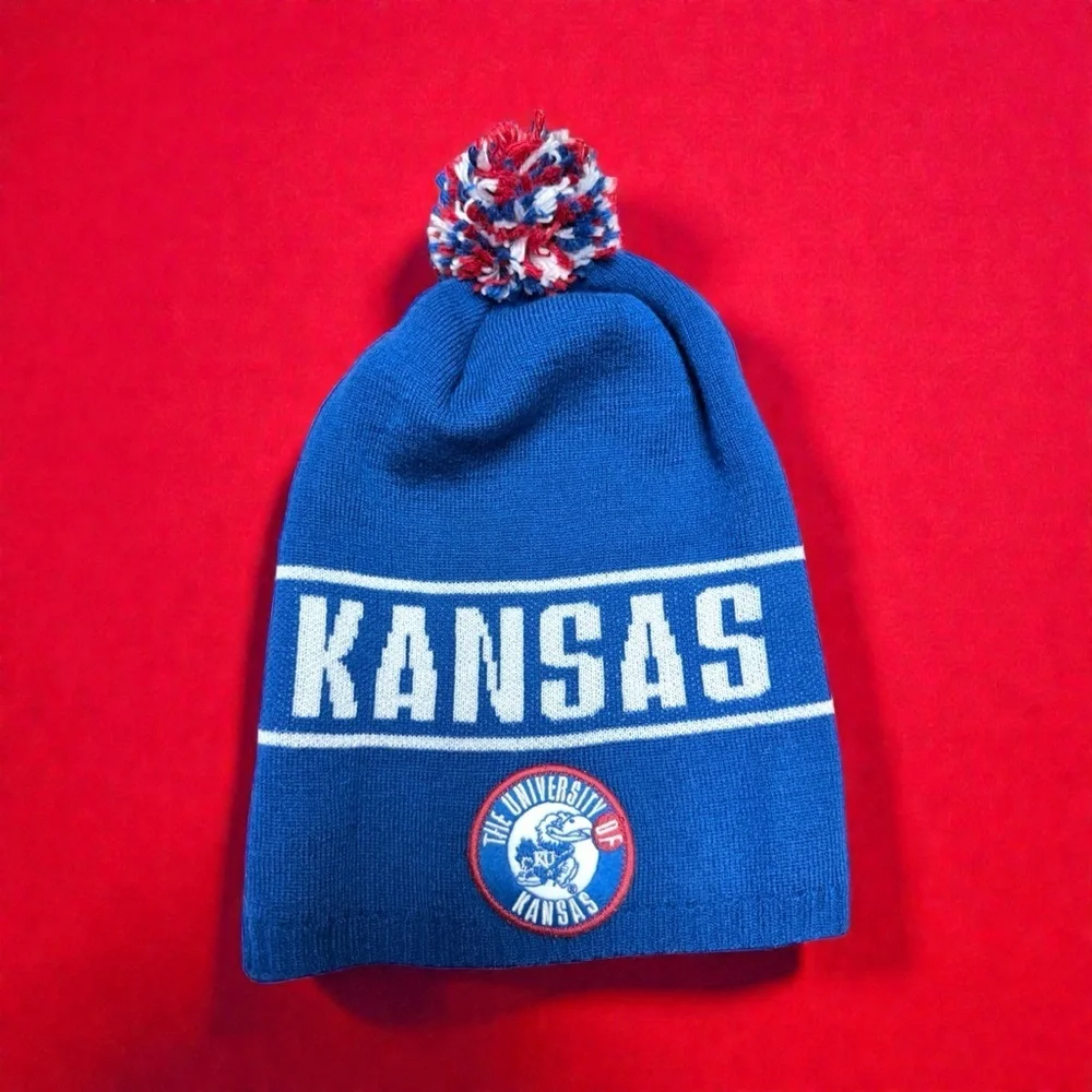 Adidas trefoil  Adidas Kansas Jayhawks Beanie Hat Pom Knit Blue NCAA KU Slouch